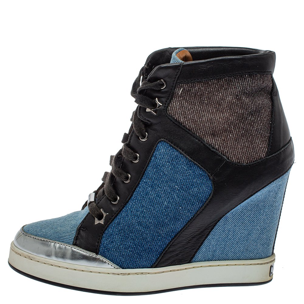 

Jimmy Choo Blue/Black Denim And Leather Wedge Panama Sneakers Size