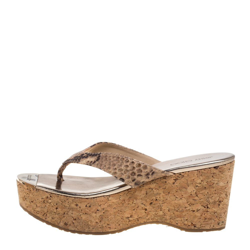 

Jimmy Choo Beige/Brown Python Embossed Leather Thong Wedge Sandals Size