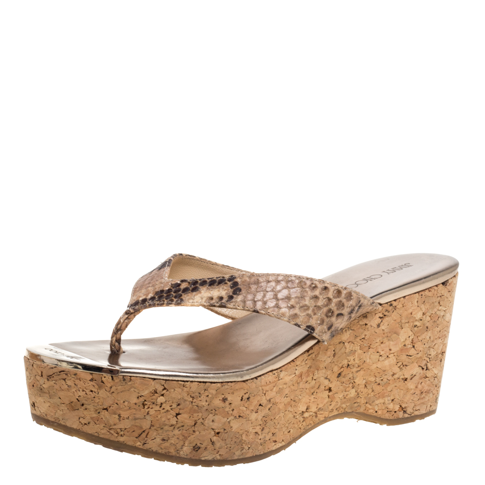 Pre-owned Jimmy Choo Beige/brown Python Embossed Leather Thong Wedge Sandals Size 37