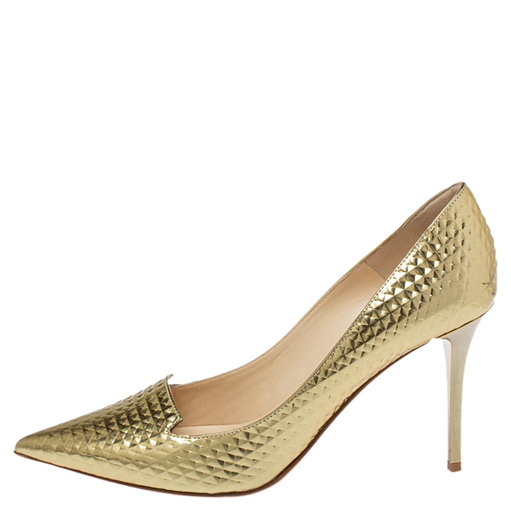 

Jimmy Choo Gold Leather Pointed Toe Pumps Size