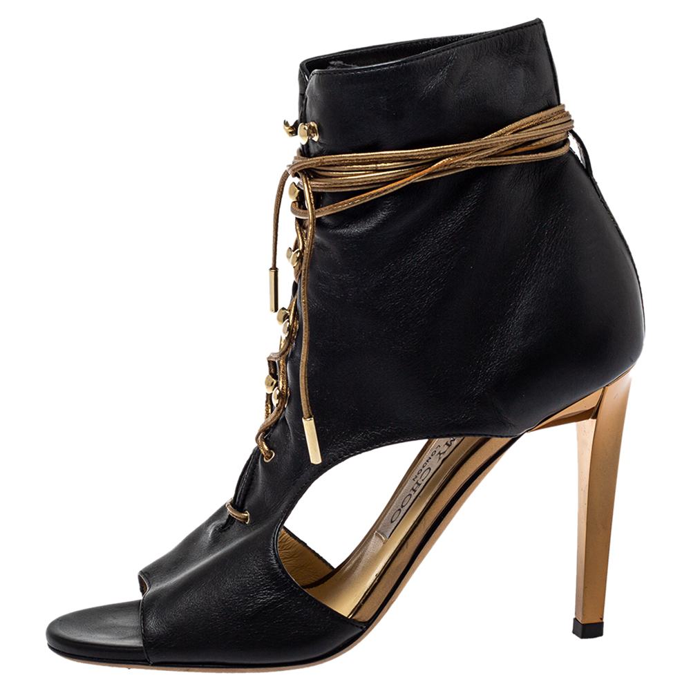 

Jimmy Choo Black Leather Lace Up Peep Toe Boots Size