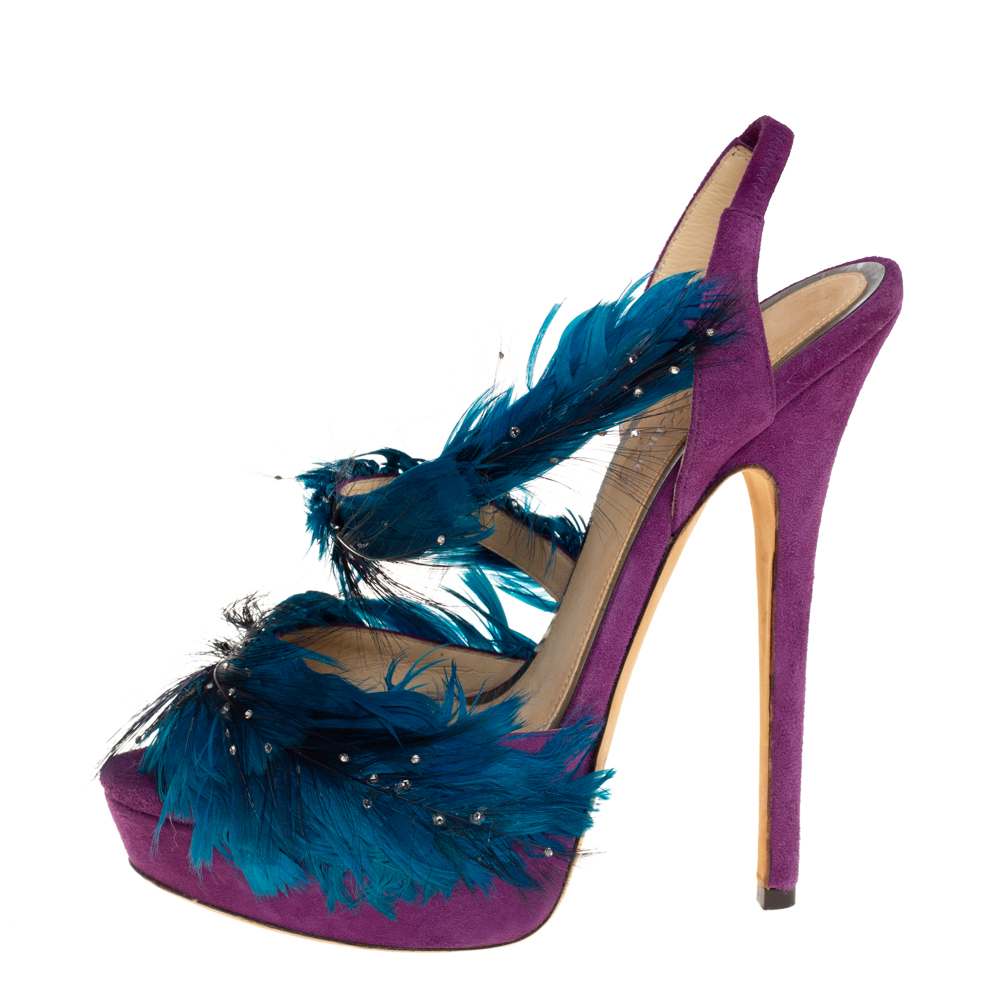 

Jimmy Choo Purple/Blue Feather And Suede Marlene Sandals Size