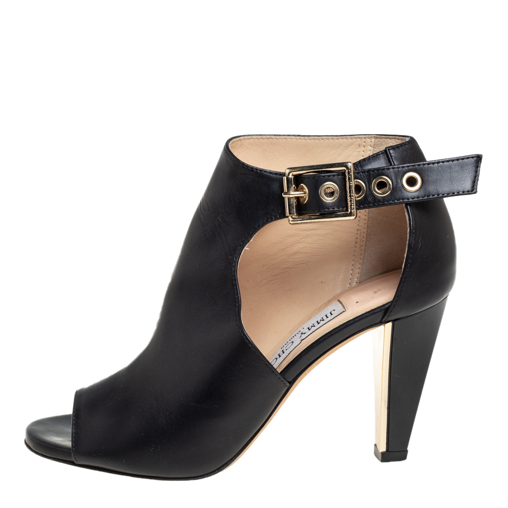 

Jimmy Choo Black Leather Belted Detail Open Toe Ankle Boots Size