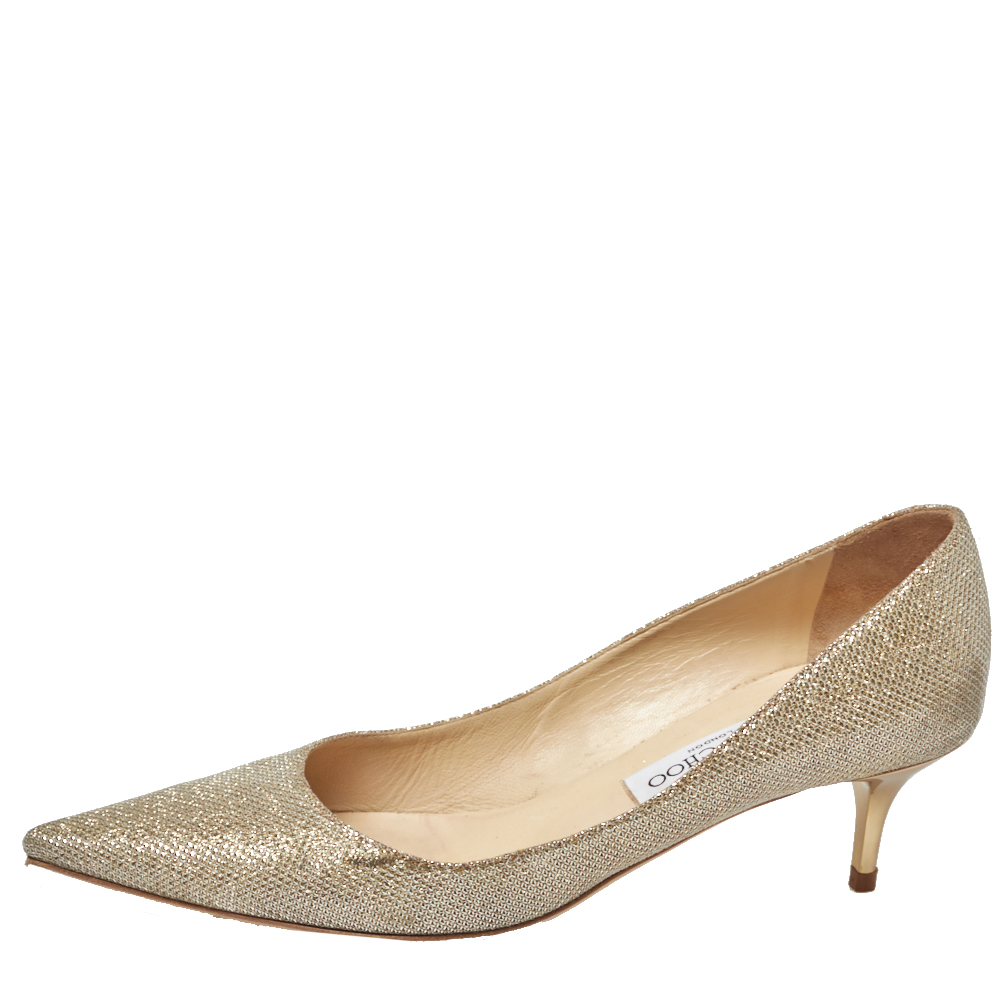 

Jimmy Choo Gold Shimmery Fabric Aza Kitten Heel Pointed Toe Pumps Size