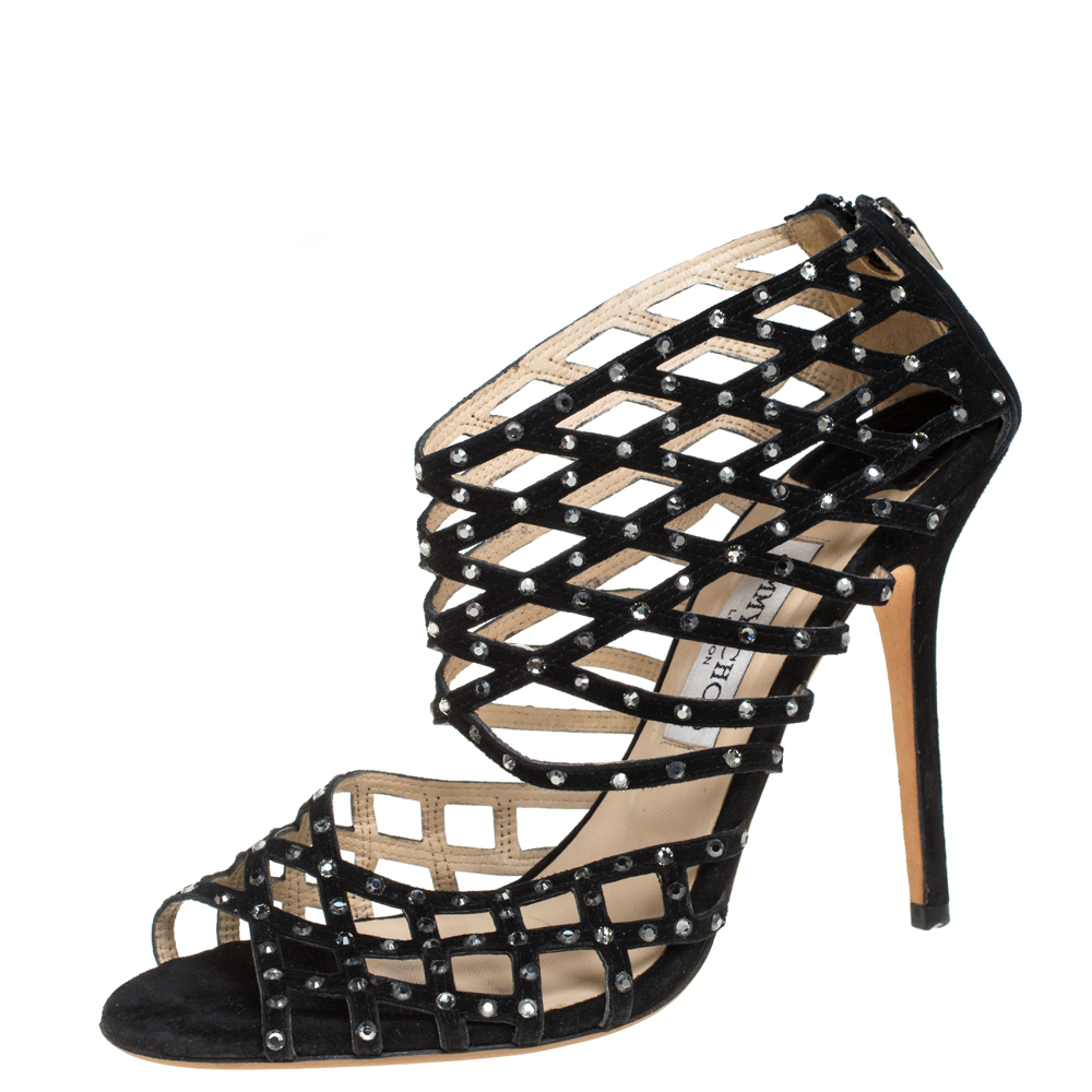Pre-owned Jimmy Choo Black Suede Crystal Embellished Strappy Sandals Size 40