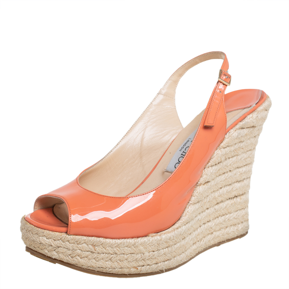 Pre-owned Jimmy Choo Orange Patent Leather Espadrille Wedge Slingback Sandals Size 38.5