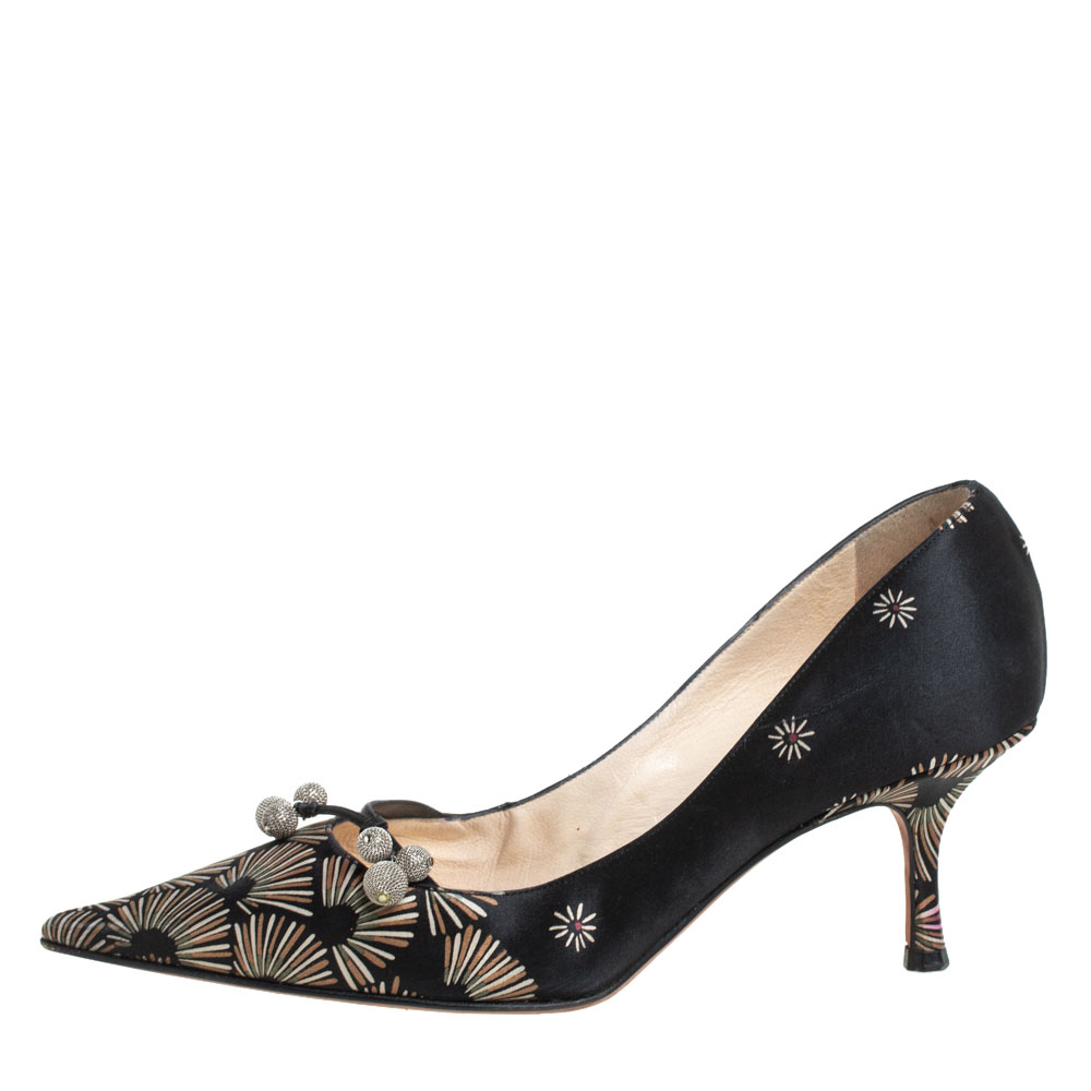 

Jimmy Choo Black Printed Satin Pointed Toe Pumps Size