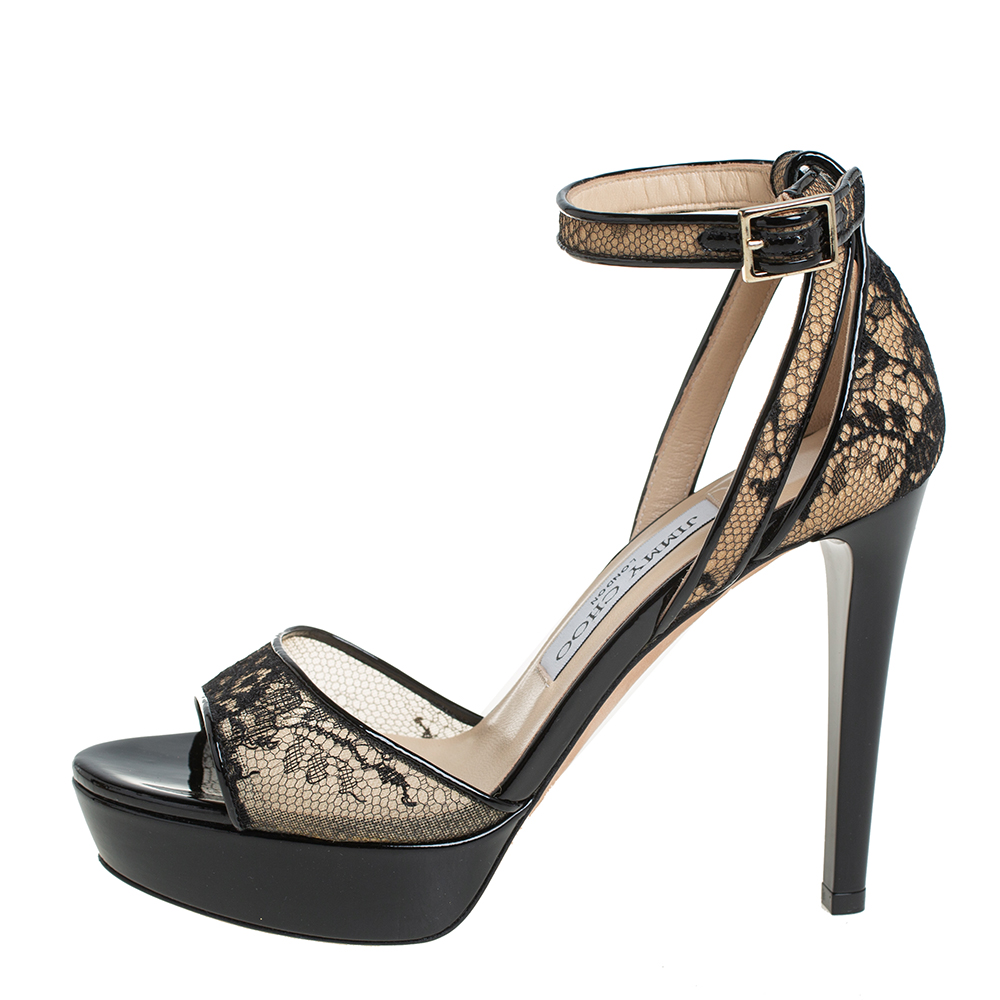 

Jimmy Choo Black Lace And Patent Leather Kayden Sandals Size