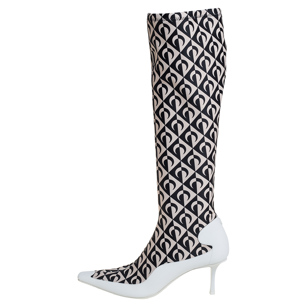 

Jimmy Choo White/Black Leather And Stretch Fabric Knee High Boots Size