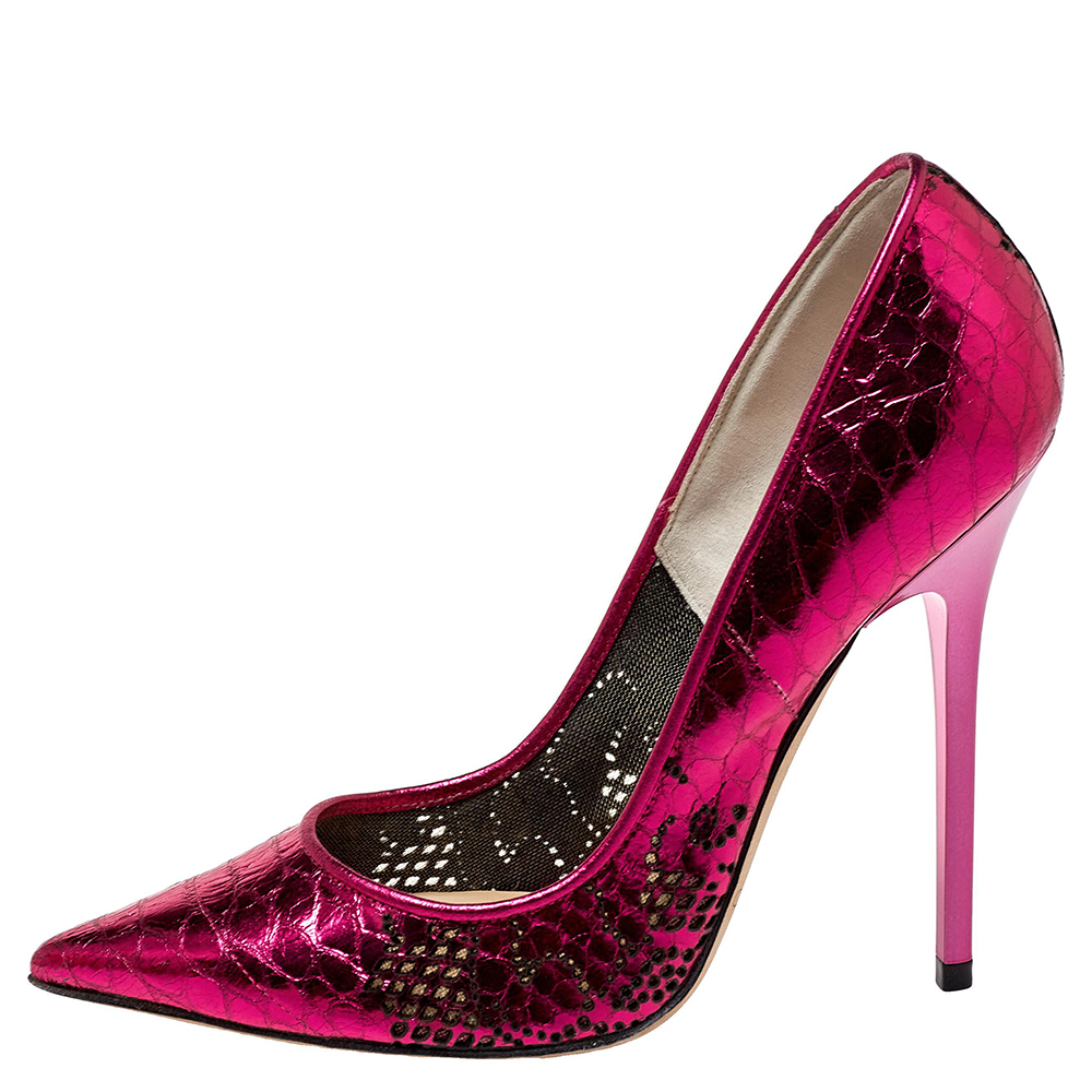 

Jimmy Choo Magenta Metallic Python Embossed Leather Tippi Pointed Toe Pumps Size, Pink