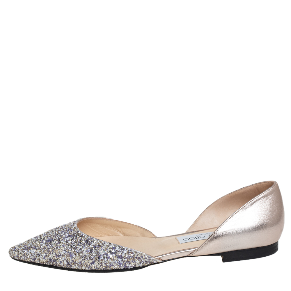 

Jimmy Choo Metallic Gold Leather and Coarse Glitter Esther D'Orsay Flats Size