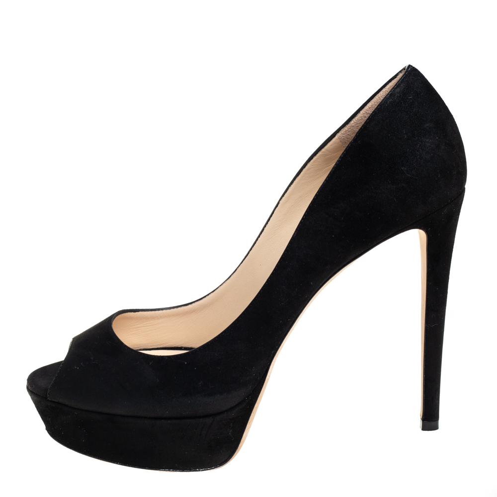 

Jimmy Choo Black Suede Peep Toe Platform Pumps Size
