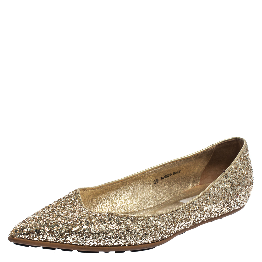 Pre-owned Jimmy Choo Gold Glitter Romy Pointed Toe Flats Size 36