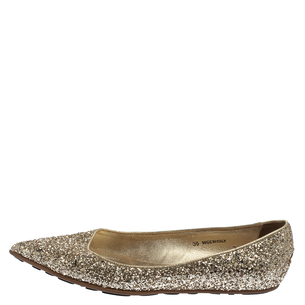 

Jimmy Choo Gold Glitter Romy Pointed Toe Flats Size