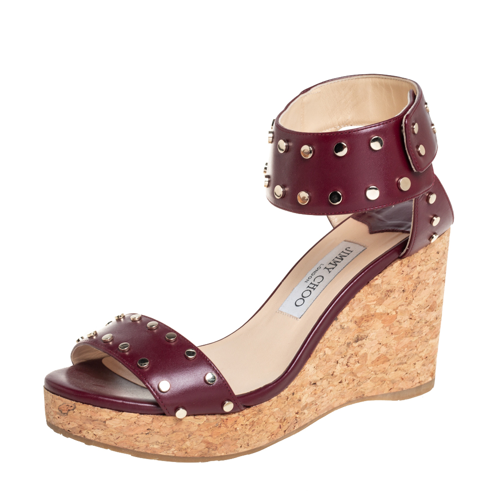 Pre-owned Jimmy Choo Maroon Studded Leather Veto Wedge Platform Sandals Size 39 In Red