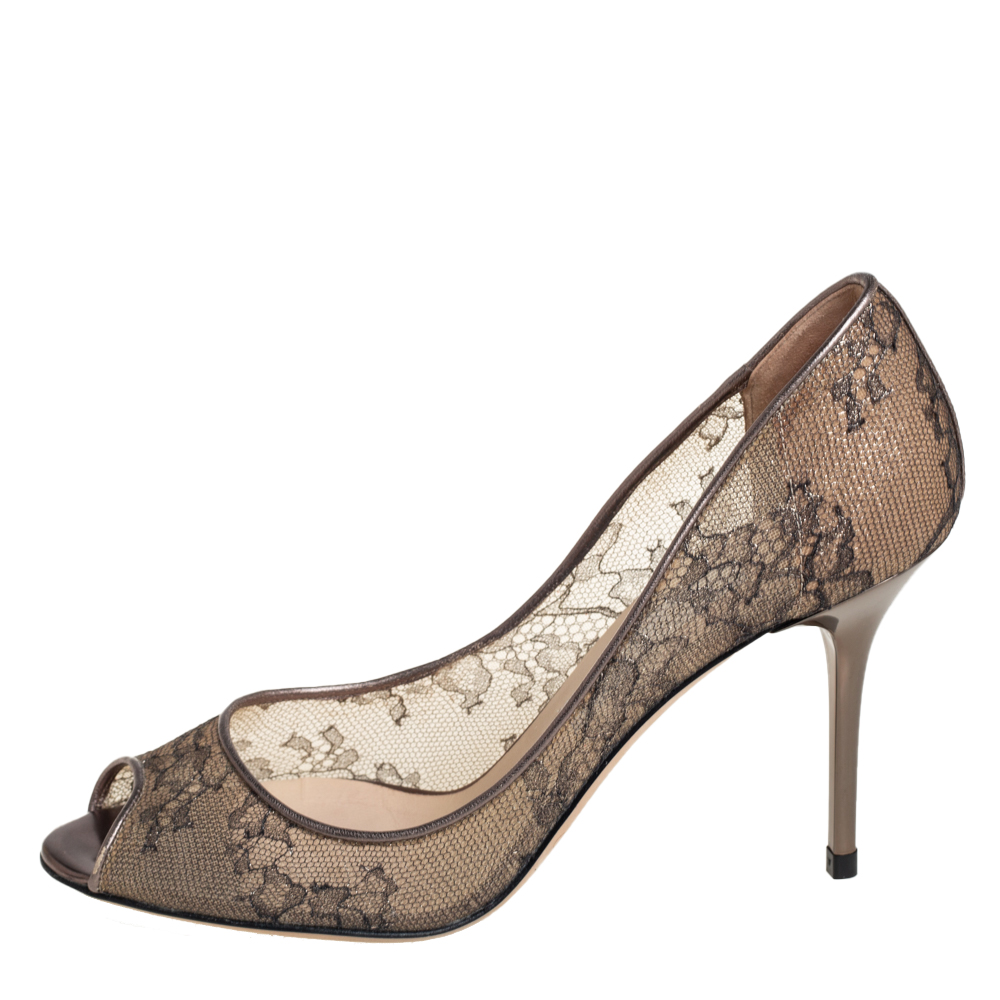 

Jimmy Choo Metallic Bronze Lace Evelyn Peep Toe Pumps Size