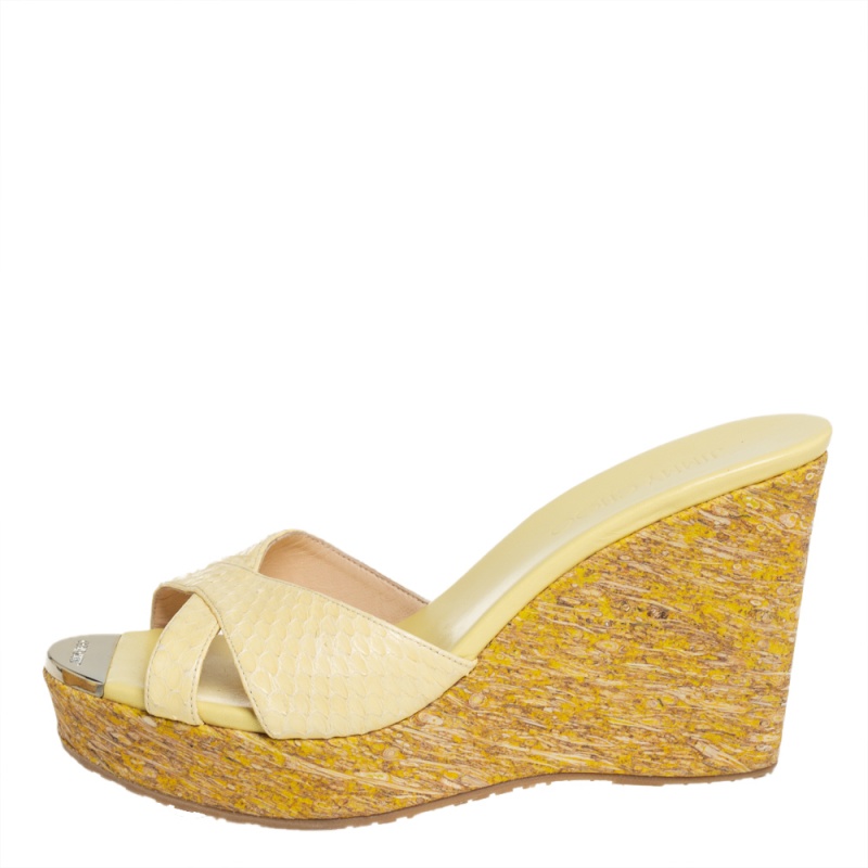 

Jimmy Choo Yellow Python Pandora Criss Cross Platform Wedge Sandals Size