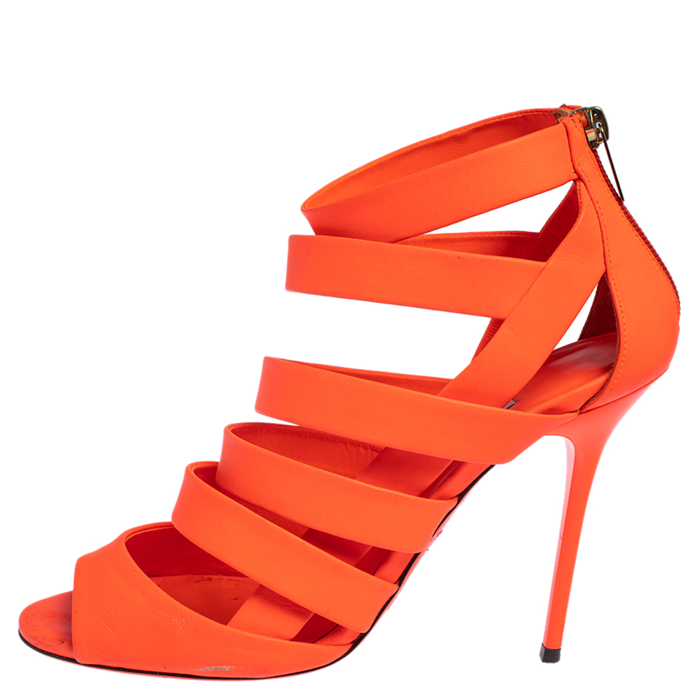 

Jimmy Choo Neon Orange Caged Leather 'Dame' Sandals Size