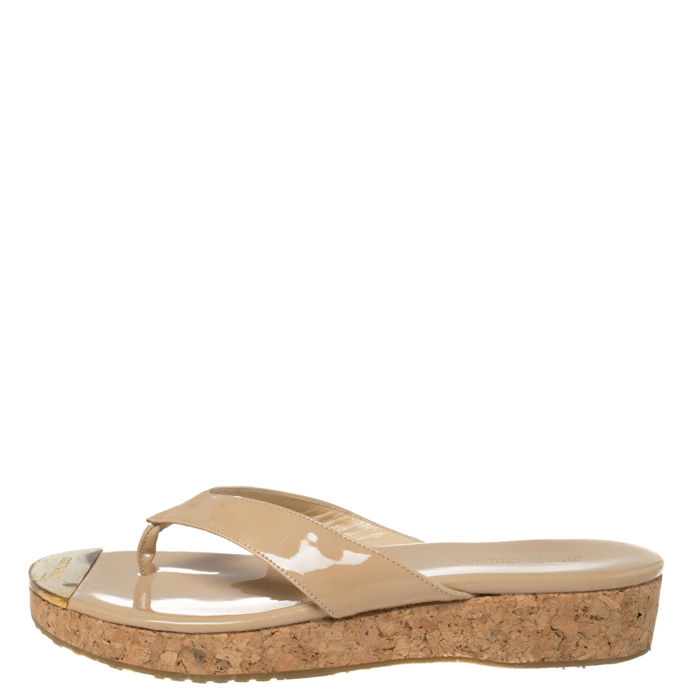 

Jimmy Choo Beige Patent Leather 'Pence' Cork Wedge Thong Sandals Size