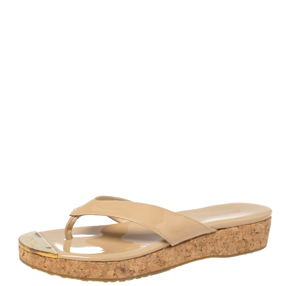 Pre-owned Jimmy Choo Beige Patent Leather 'pence' Cork Wedge Thong Sandals Size 34.5