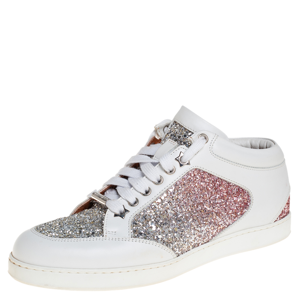 Pre-owned Jimmy Choo White Leather And Glitter Miami Trainers Size 38