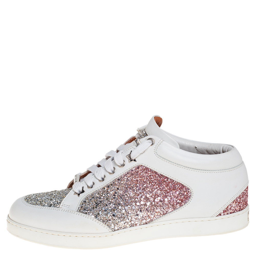 

Jimmy Choo White Leather And Glitter Miami Sneakers Size
