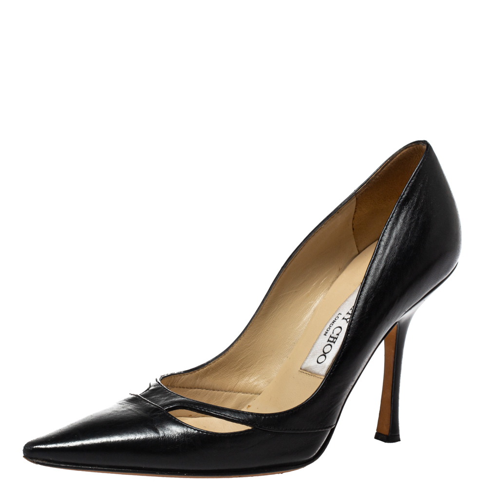 Pre-owned Jimmy Choo Black Leather Cut-out Pointed Toe Pumps Size 36