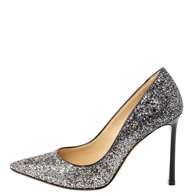 

Jimmy Choo Silver/Black Glitter Romy Pumps Size