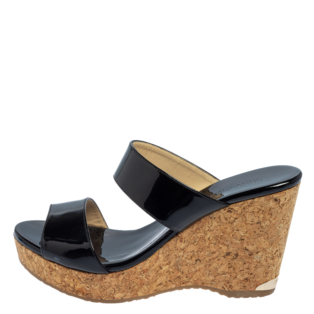 

Jimmy Choo Black Patent Leather Cork Parker Wedge Sandals Size