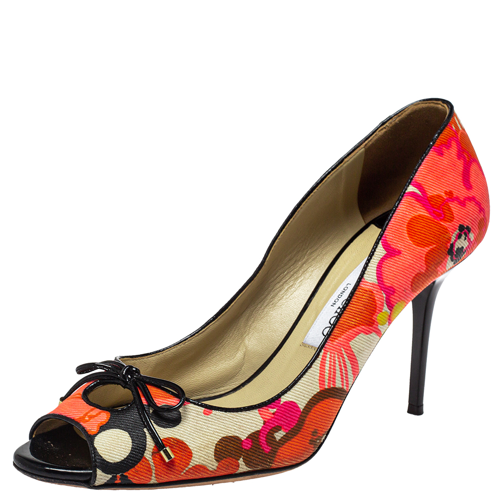 Pre-owned Jimmy Choo Multicolor Floral Print Canvas Bow Peep Toe Pumps Size 40