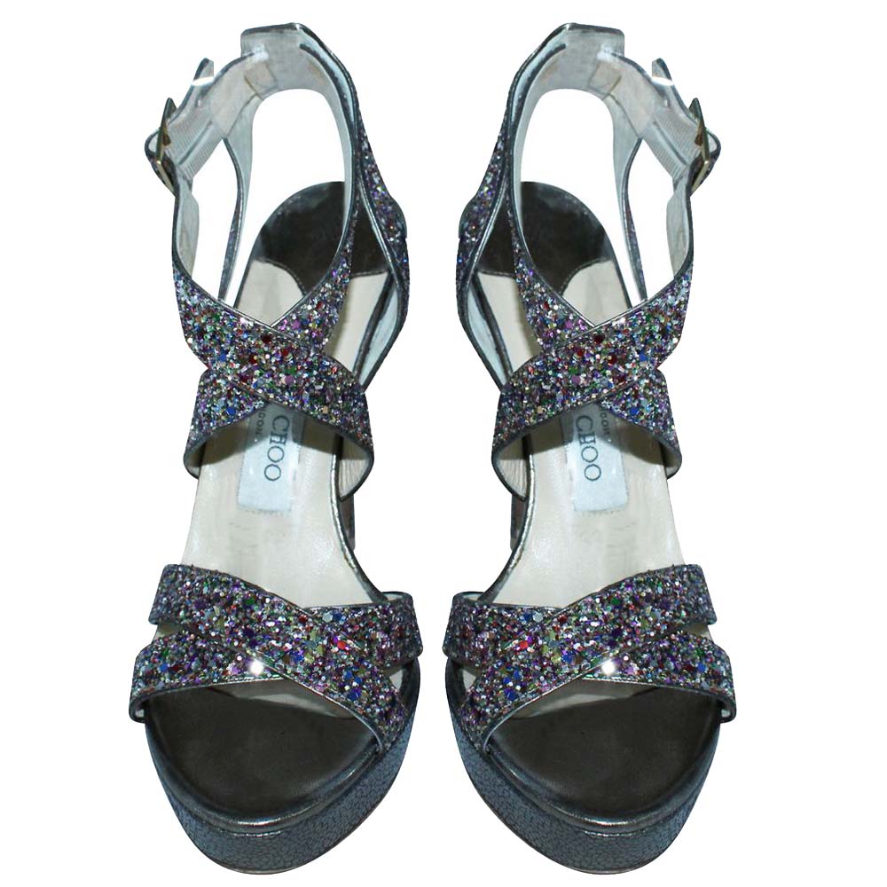 

Jimmy Choo Silver Glitter Vamp Sandals Size