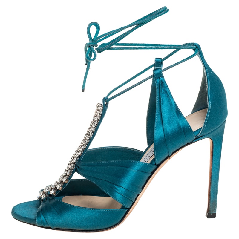 

Jimmy Choo Teal Blue Satin Kenny Embellished Ankle Wrap Sandals Size