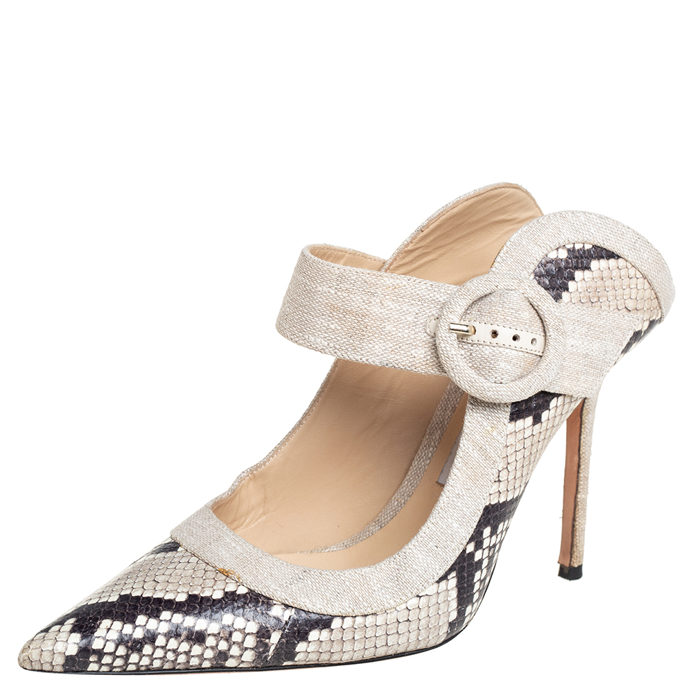 Pre-owned Jimmy Choo Two Tone Python Embossed Leather And Canvas Hendrix Mules Size 40 In Beige