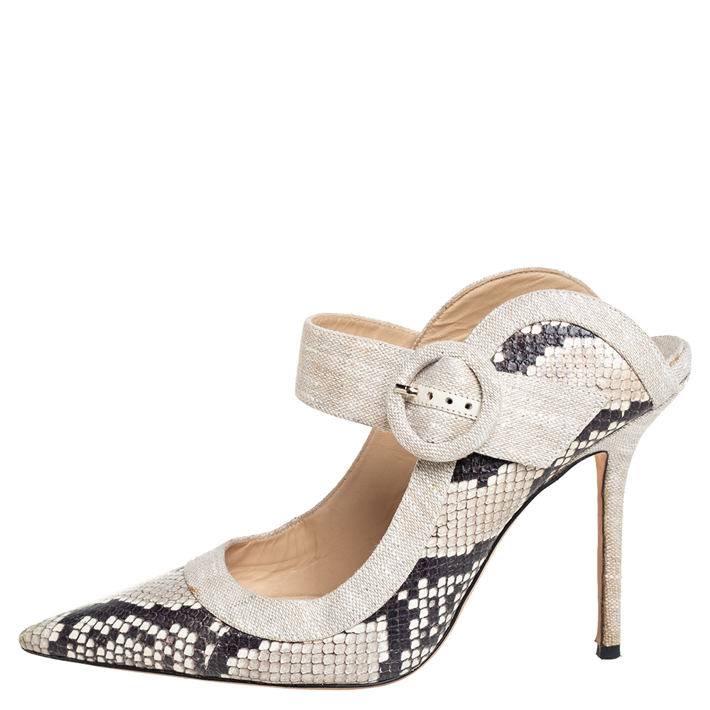 

Jimmy Choo Two Tone Python Embossed Leather And Canvas Hendrix Mules Size, Beige