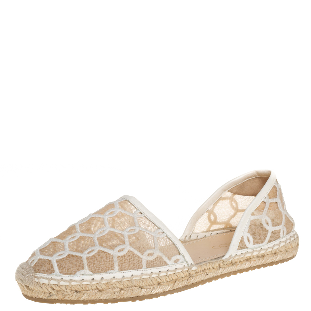 Pre-owned Jimmy Choo White Embroidered Mesh Dreya D'orsay Flat Espadrilles Size Size 38.5