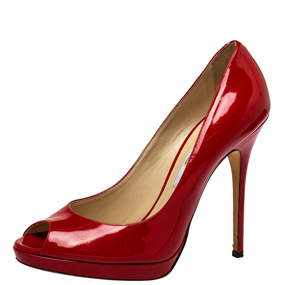 Pre-owned Jimmy Choo Red Patent Leather Peep Toe Pumps Size 40