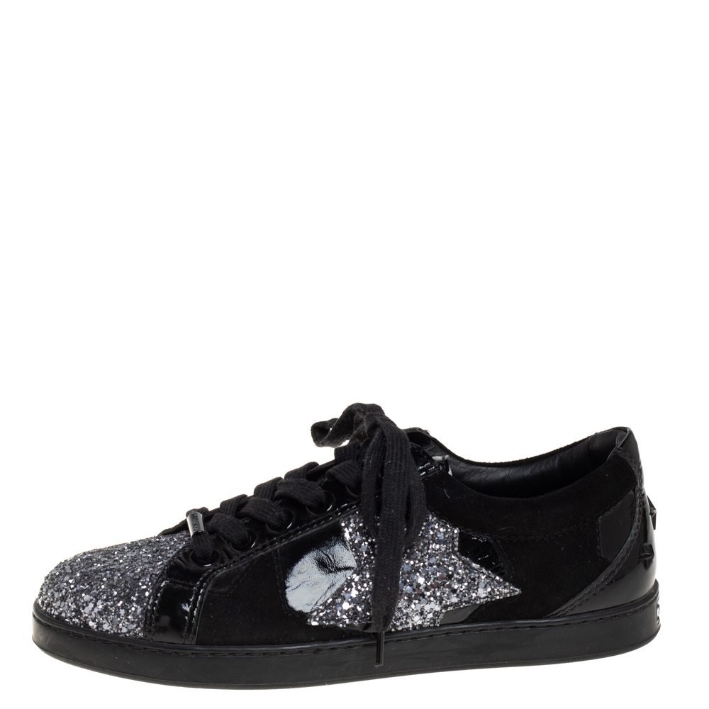 

Jimmy Choo Black Glitter And Patent Leather Miami Sneakers Size