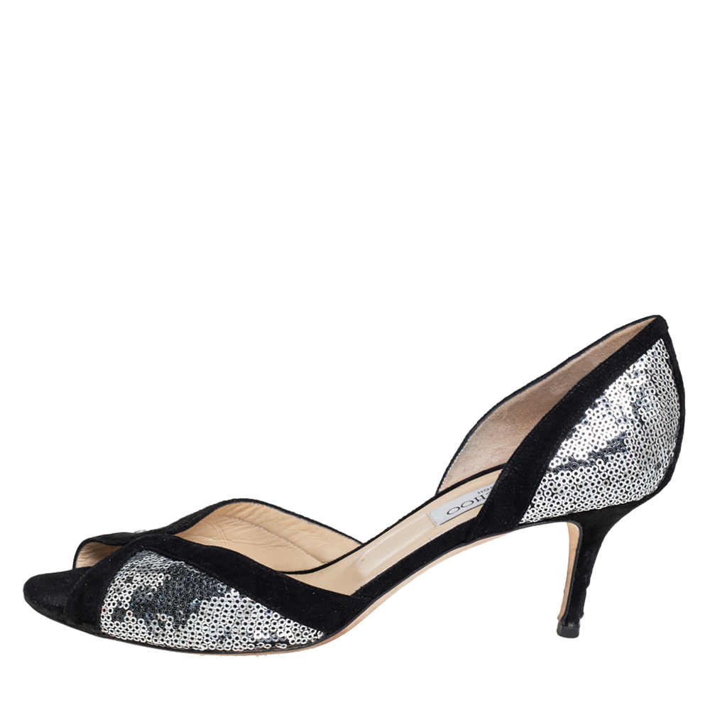 

Jimmy Choo Black/Silver Suede And Sequin Teton D'orsay Pumps Size