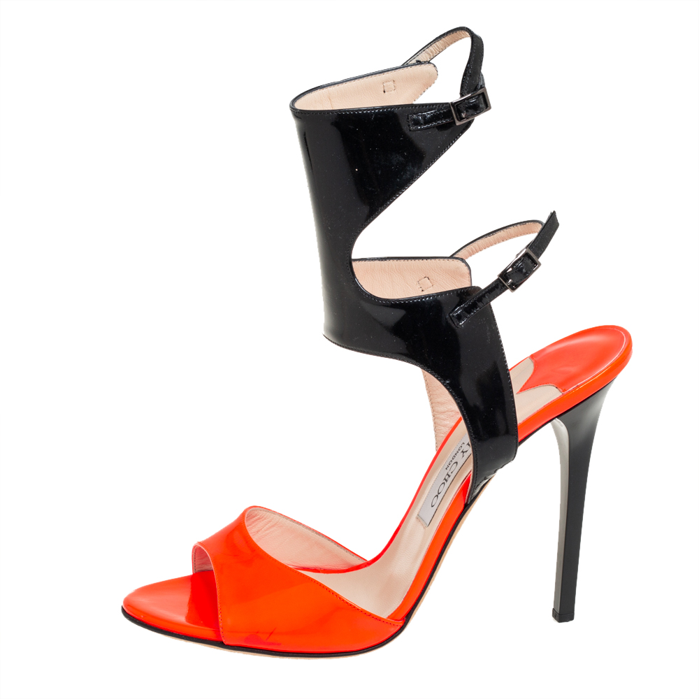 

Jimmy Choo Orange/Black Patent Leather Loop Ankle Cuff Open Toe Sandals Size
