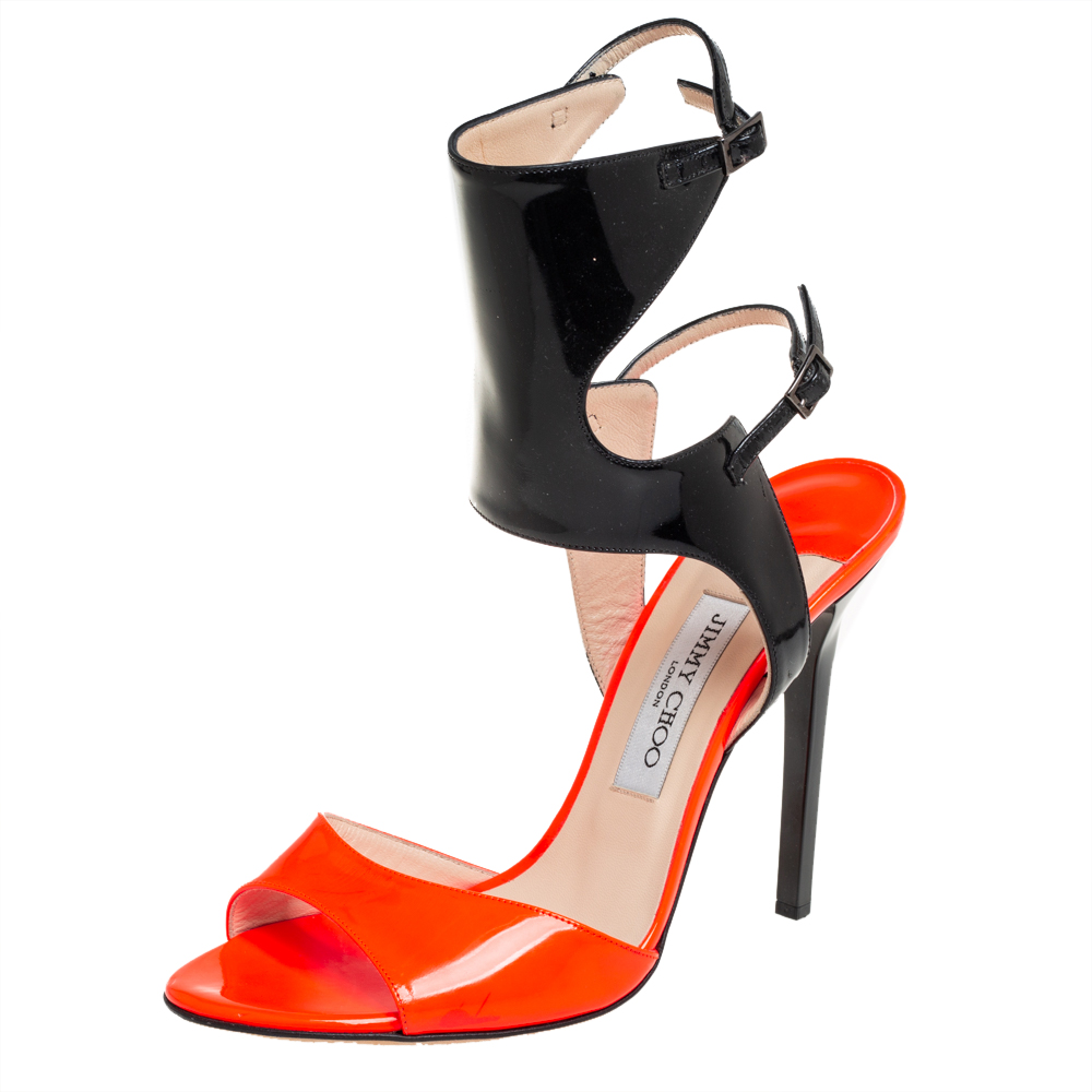 Pre-owned Jimmy Choo Orange/black Patent Leather Loop Ankle Cuff Open Toe Sandals Size 40