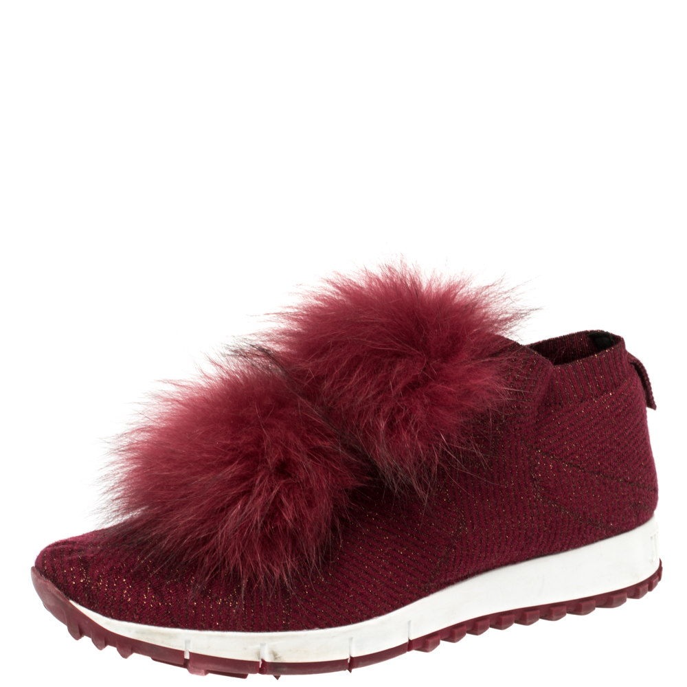 Pre-owned Jimmy Choo Burgundy Knit Fabric And Fur Pom Pom Norway Sneakers Size 38