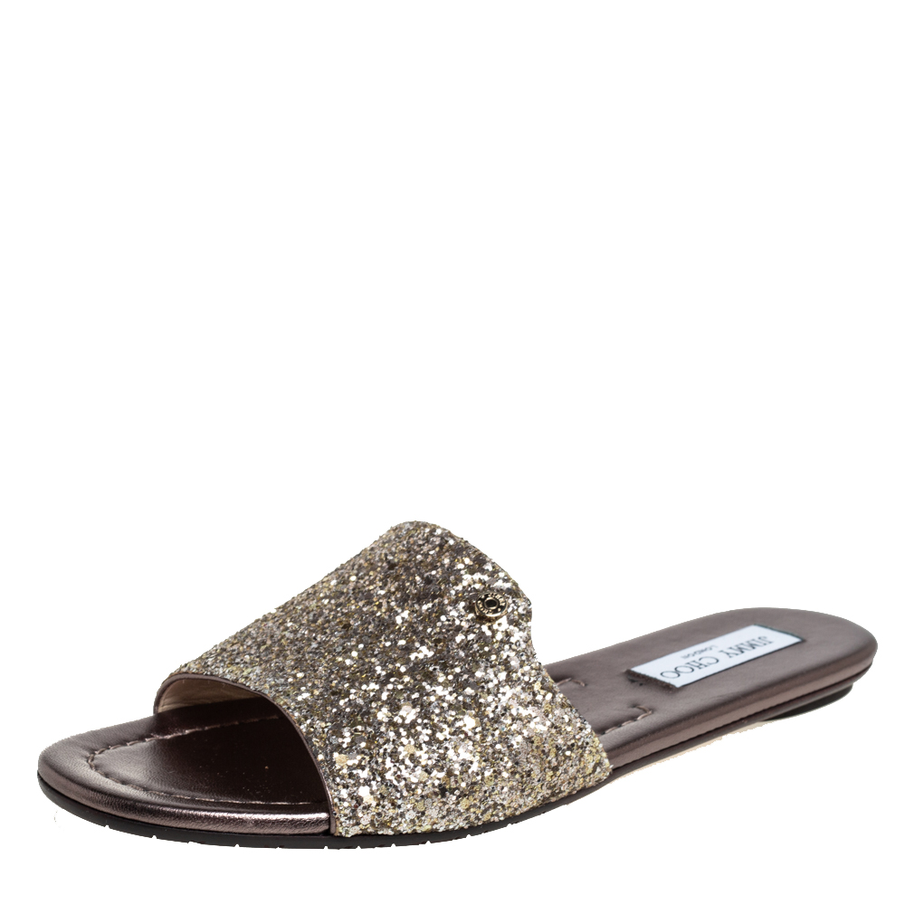 Pre-owned Jimmy Choo Metallic Gold Glitter Flat Sandals Size 39