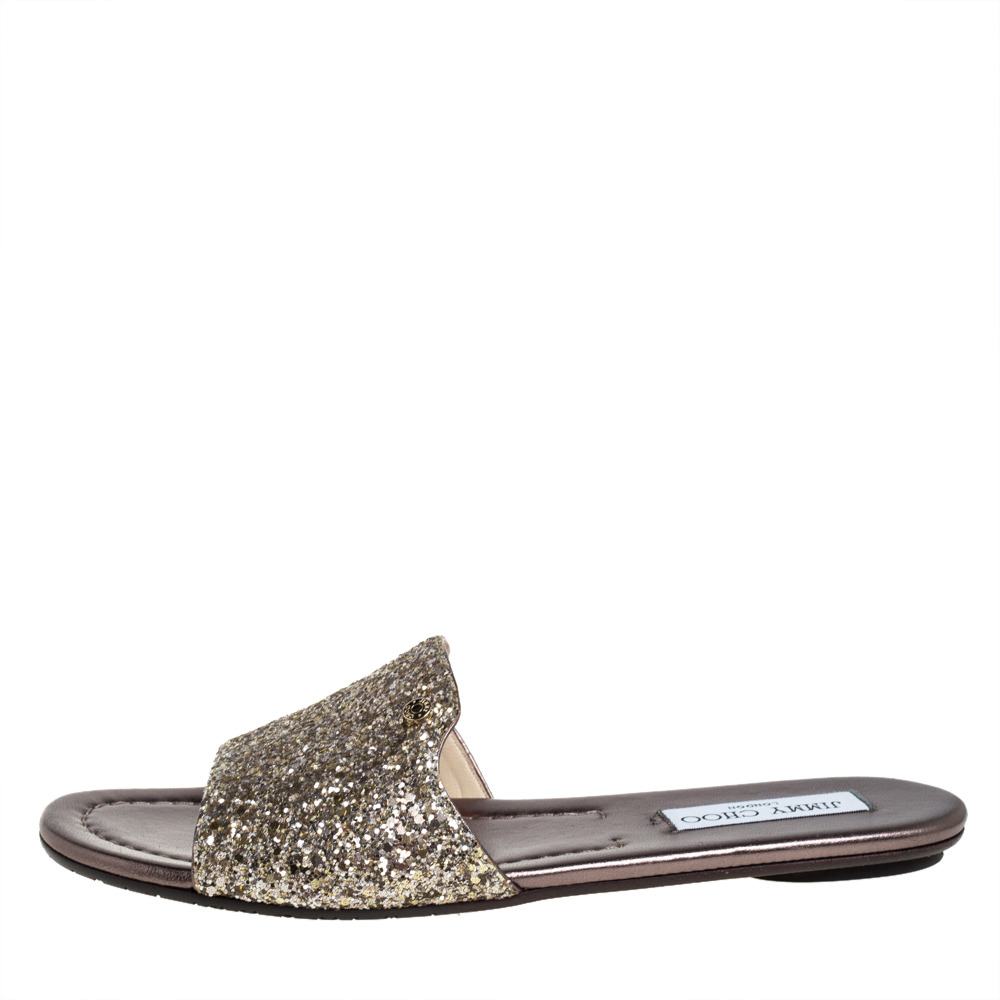 

Jimmy Choo Metallic Gold Glitter Flat Sandals Size