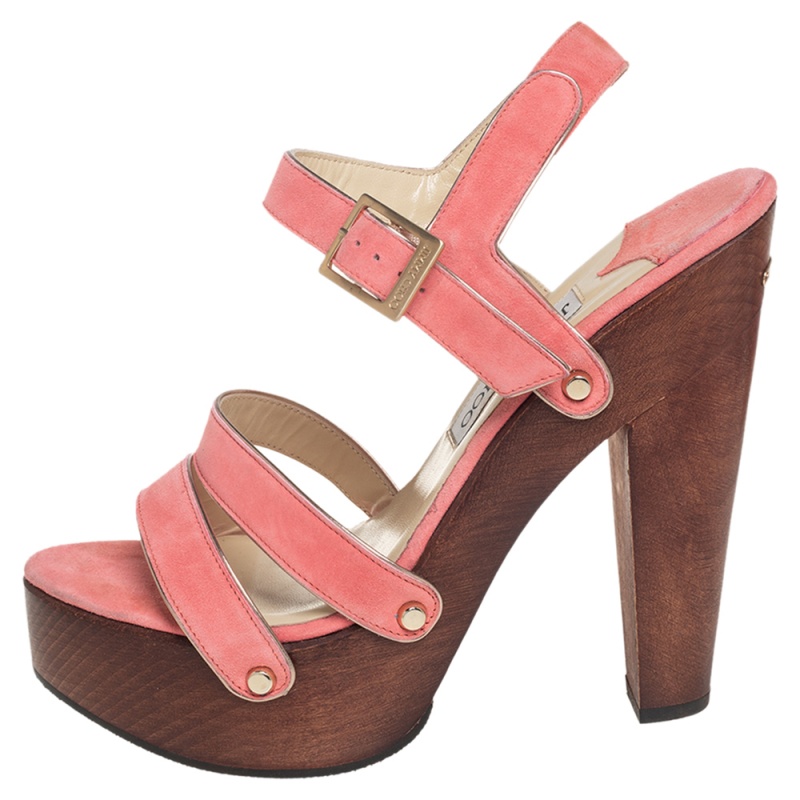 

Jimmy Choo Pink Suede Wooden Platform Ankle Strap Sandals Size