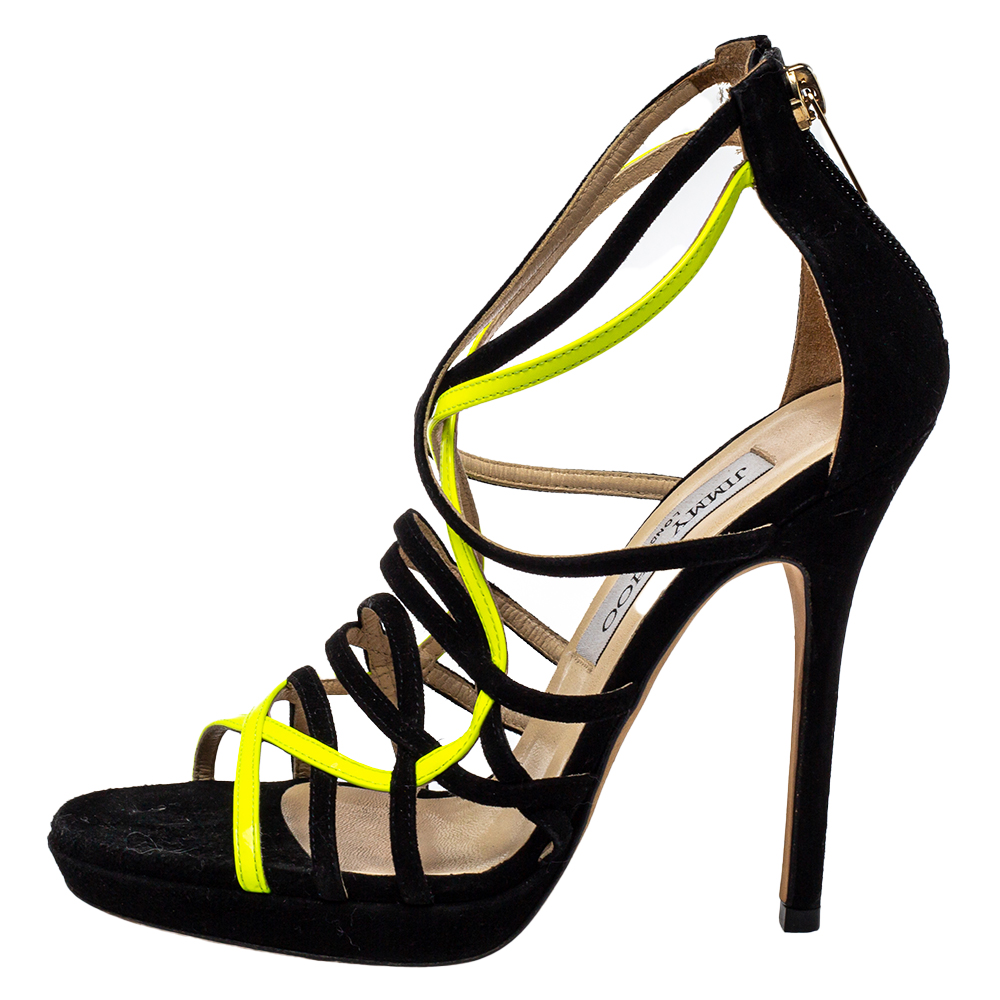 

Jimmy Choo Black/ Yellow Suede Cage Strap Sandals Size