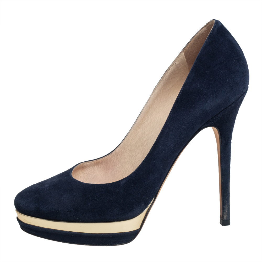 

Jimmy Choo Navy Blue Suede Brulee Platform Pumps Size