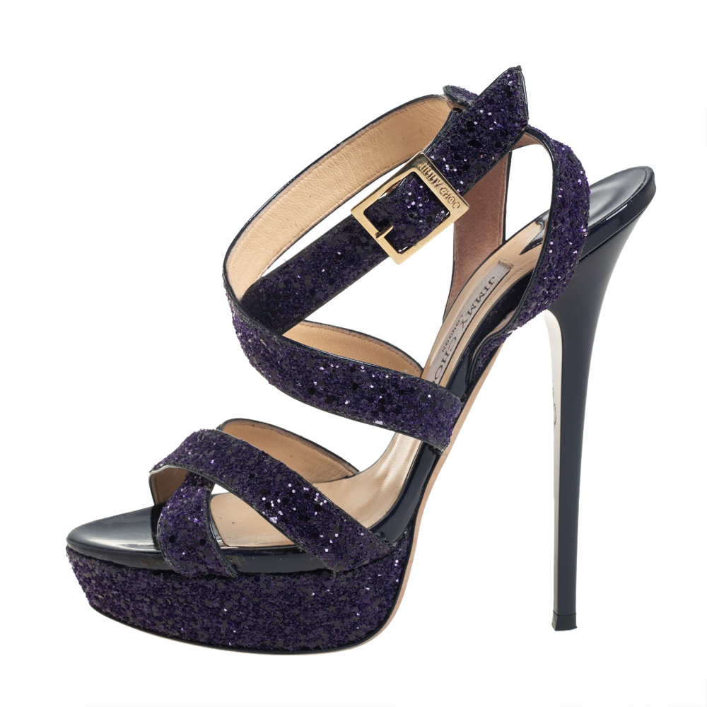

Jimmy Choo Purple Glitter Criss Cross Vamp Platform Sandals Size
