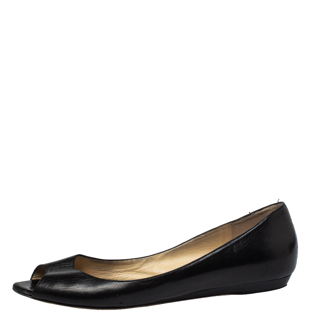 

Jimmy Choo Black Leather Peep Toe Flats Size