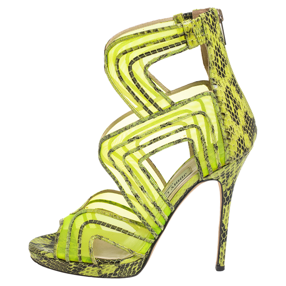 

Jimmy Choo Neon Green Python And Mesh Cutout Magnum Sandals Size