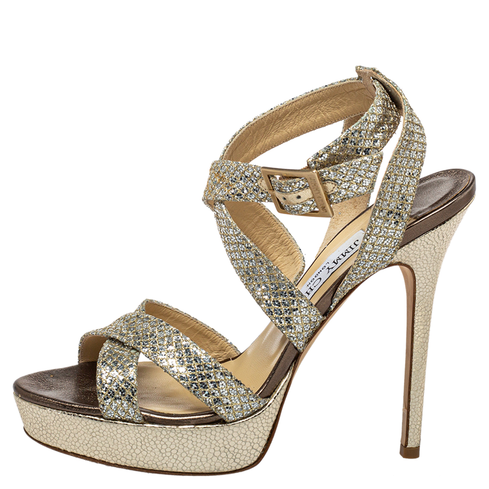 

Jimmy Choo Metallic Gold Glitter Strappy Platform Sandals Size